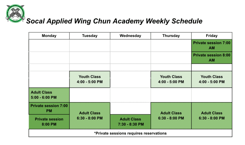 SoCal Applied Wing Chun Academy Weekly Class Schedule